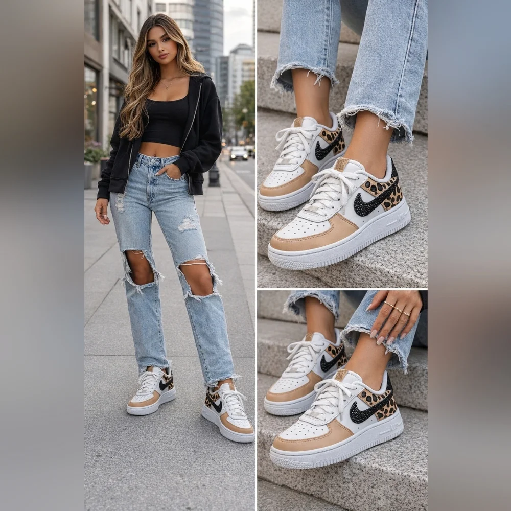 Custom Nike Air Force 1 '07 Leopard Print & Black Rhinestone Swoosh – Women’s - Picture 1 of 6